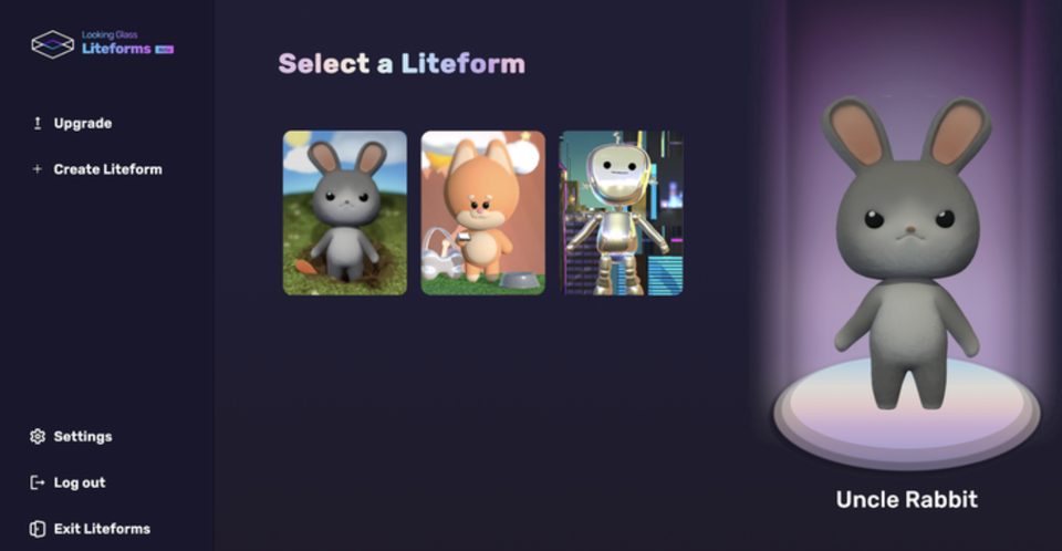 Liteforms Desktop character-select screen: a sidebar with Upgrade and Create Liteform, a grid of preset characters, and the selected Uncle Rabbit character shown large on the right.