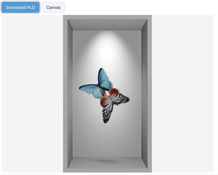 Musubi editing screen in Simulated HLD mode: the butterfly composition shown inside a spotlit recessed box, approximating how the piece will look with depth on the physical frame.