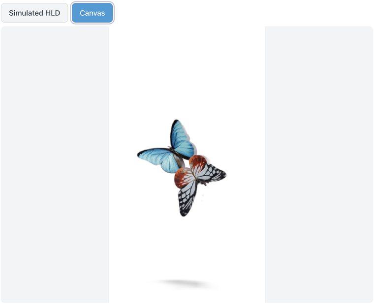 Musubi editing screen in Canvas mode: the same butterfly composition shown flat on a plain white background, with the depth simulation switched off.