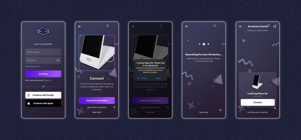 Five screens of the Looking Glass Go pairing flow: account login, the Connect screen with pairing instructions, the Bluetooth permission prompt, a searching screen, and the found-device screen with a Connect button.