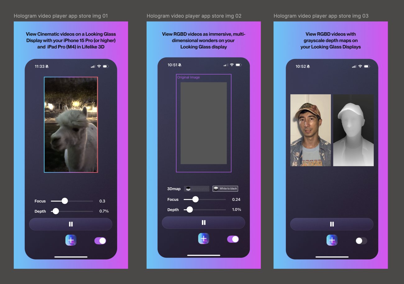 App Store marketing screenshots showing Cinematic video playback, an original image next to its AI-generated grayscale depth map, and a finished RGB-D hologram with focus and depth sliders