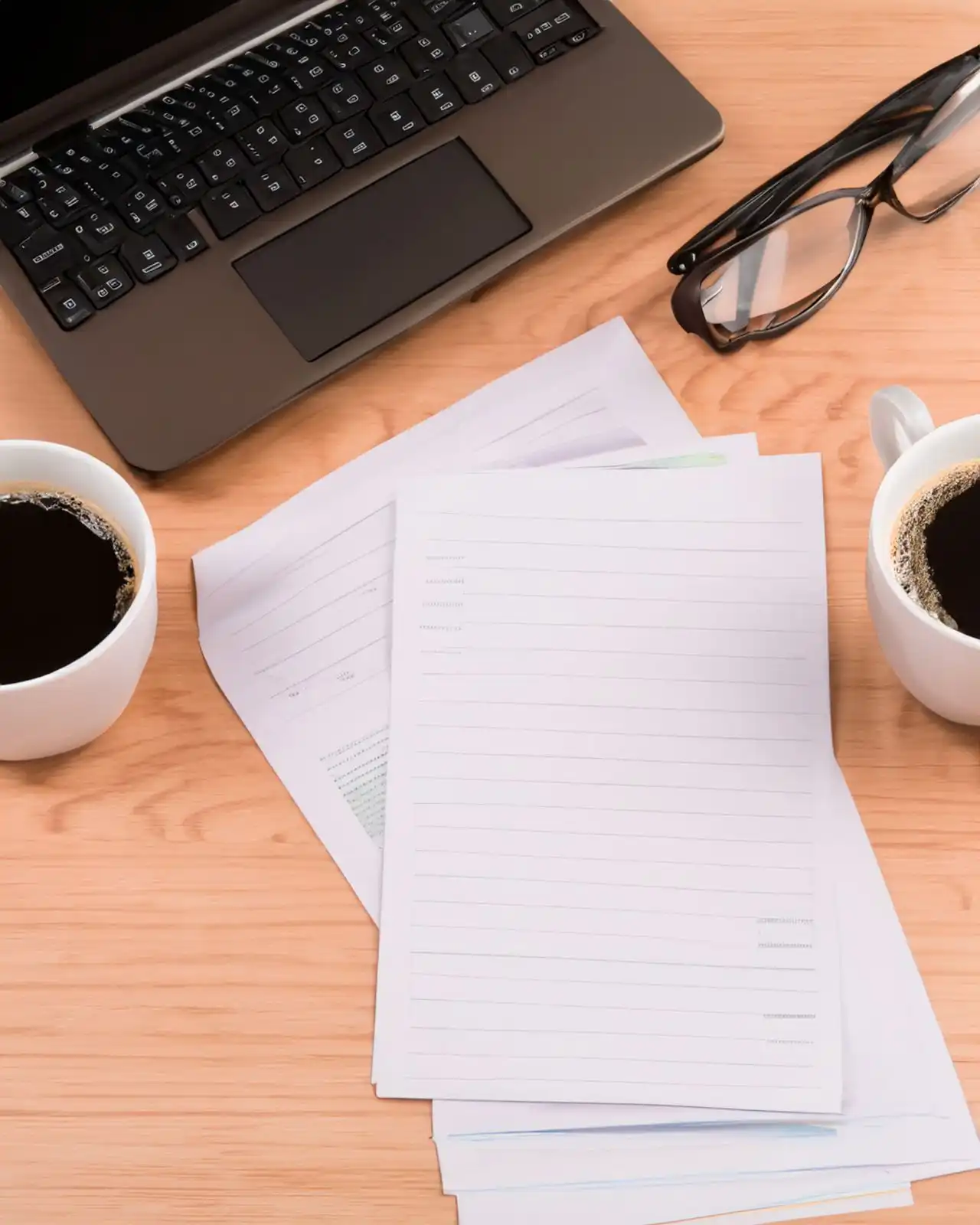 Laptop, glasses, two cups of coffee, and papers on a wooden desk for work or study.