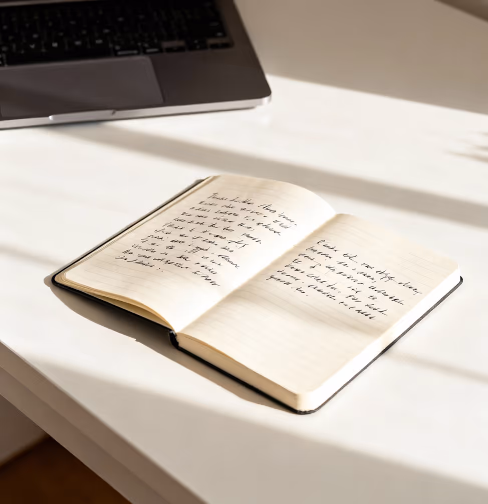 Open notebook with handwritten text on a white desk next to a laptop keyboard under sunlight.