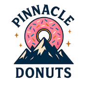 Pinnacle Donuts logo with mountain peak in front of a pink frosted donut with sprinkles.