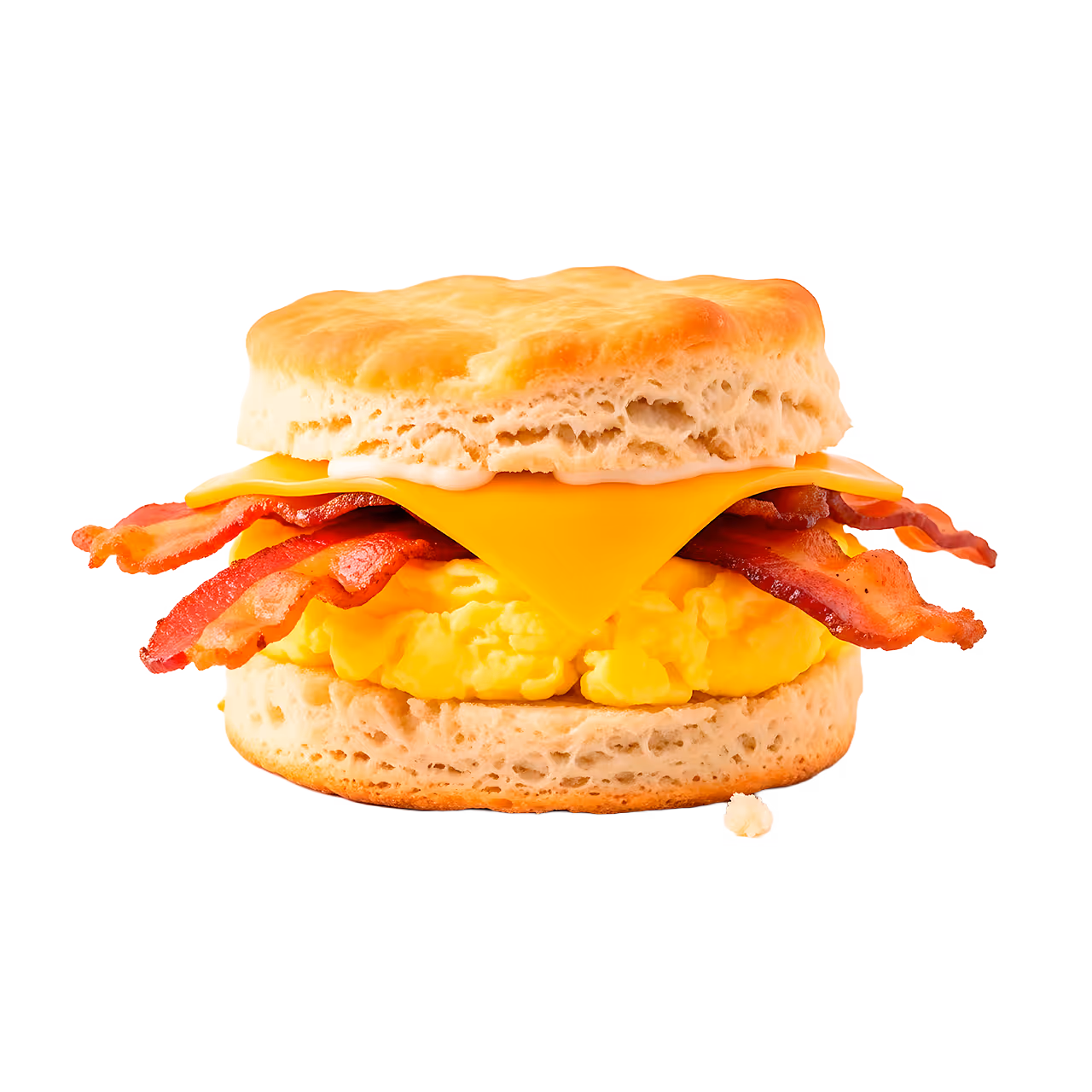 Breakfast biscuit sandwich with scrambled eggs, crispy bacon, and a slice of cheddar cheese.