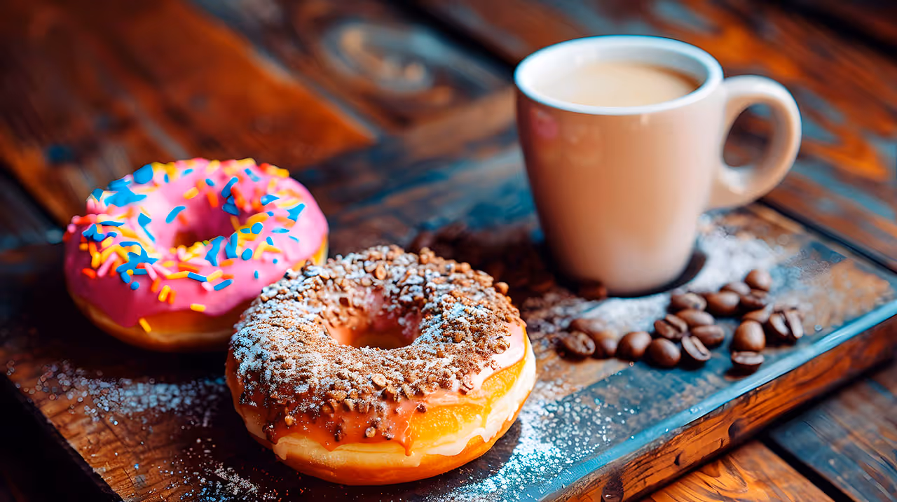 Two decorated donuts on a wooden tray with a cup of coffee and scattered coffee beans.