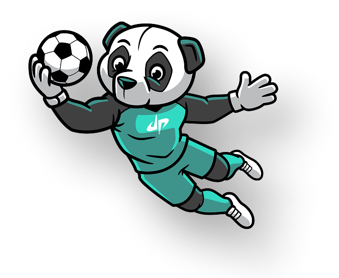 Cartoon panda in teal soccer goalie uniform diving with one hand to catch a black and white soccer ball.
