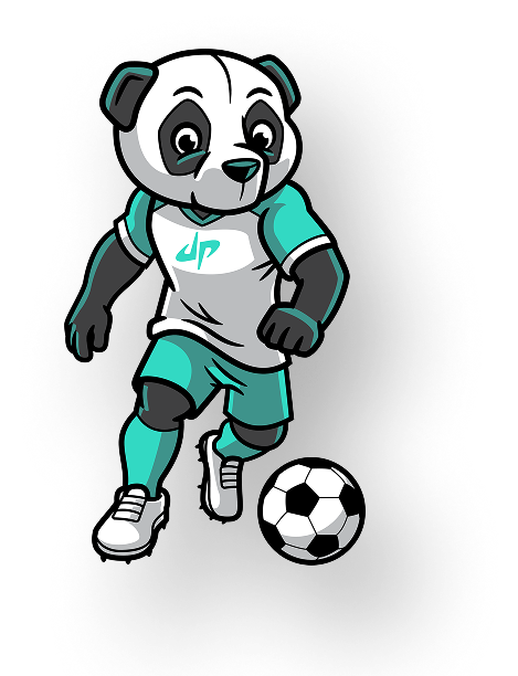 Cartoon panda in teal and white soccer uniform dribbling a black and white soccer ball.