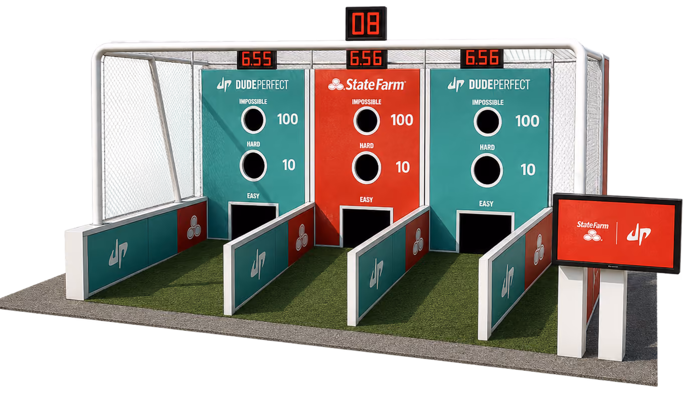 Three lane carnival-style toss game with holes labeled 100, 10, and easy scores, showing brand logos.