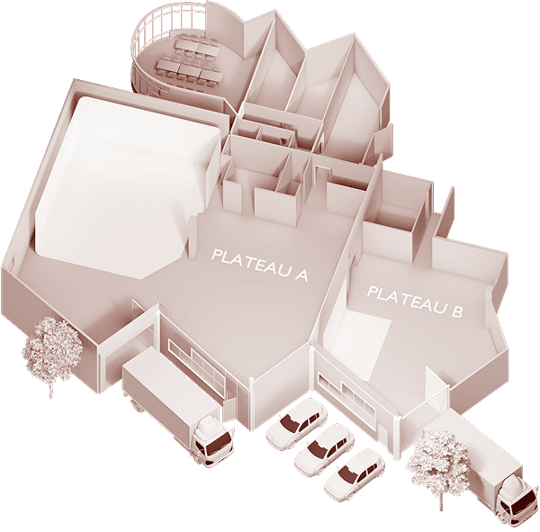 3D isometric render of Spline's filming studios showing Plateau A and Plateau B in Aubervilliers