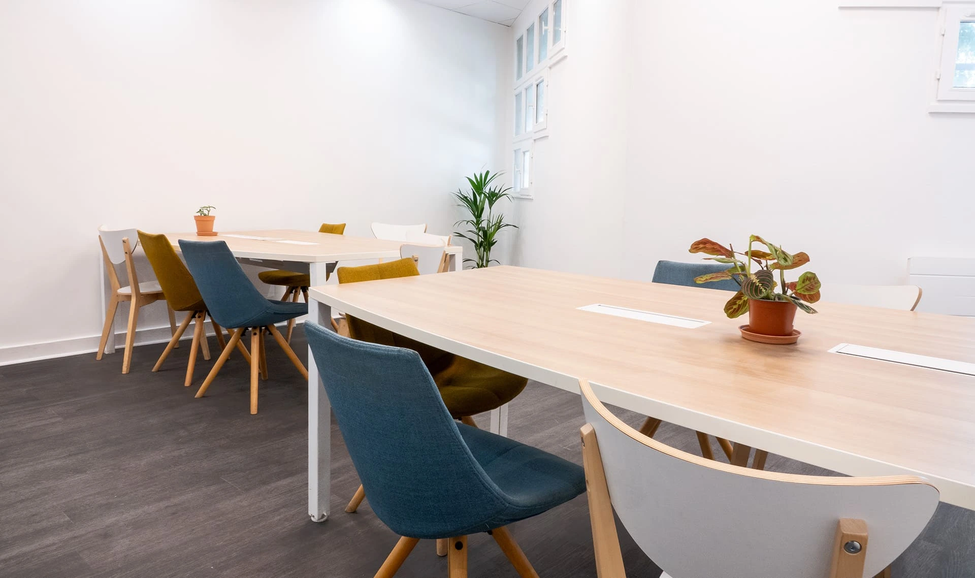 Catering room with wooden tables seating up to 14 people at Spline's Set B studio