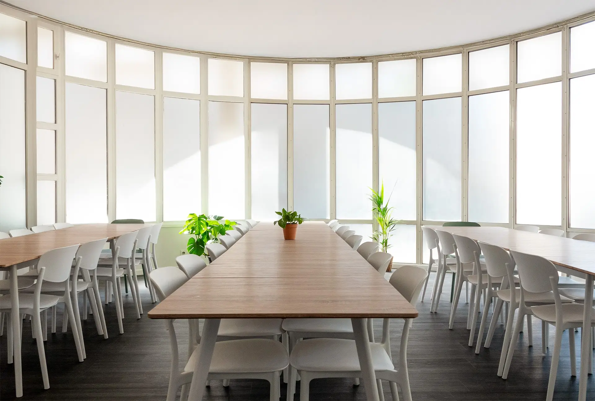 Catering room with long tables and curved windows, seating up to 40 people at Spline studios