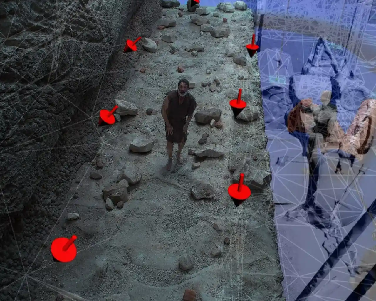 Film set shot split between markerless camera tracking markers and its 3D wireframe reconstruction