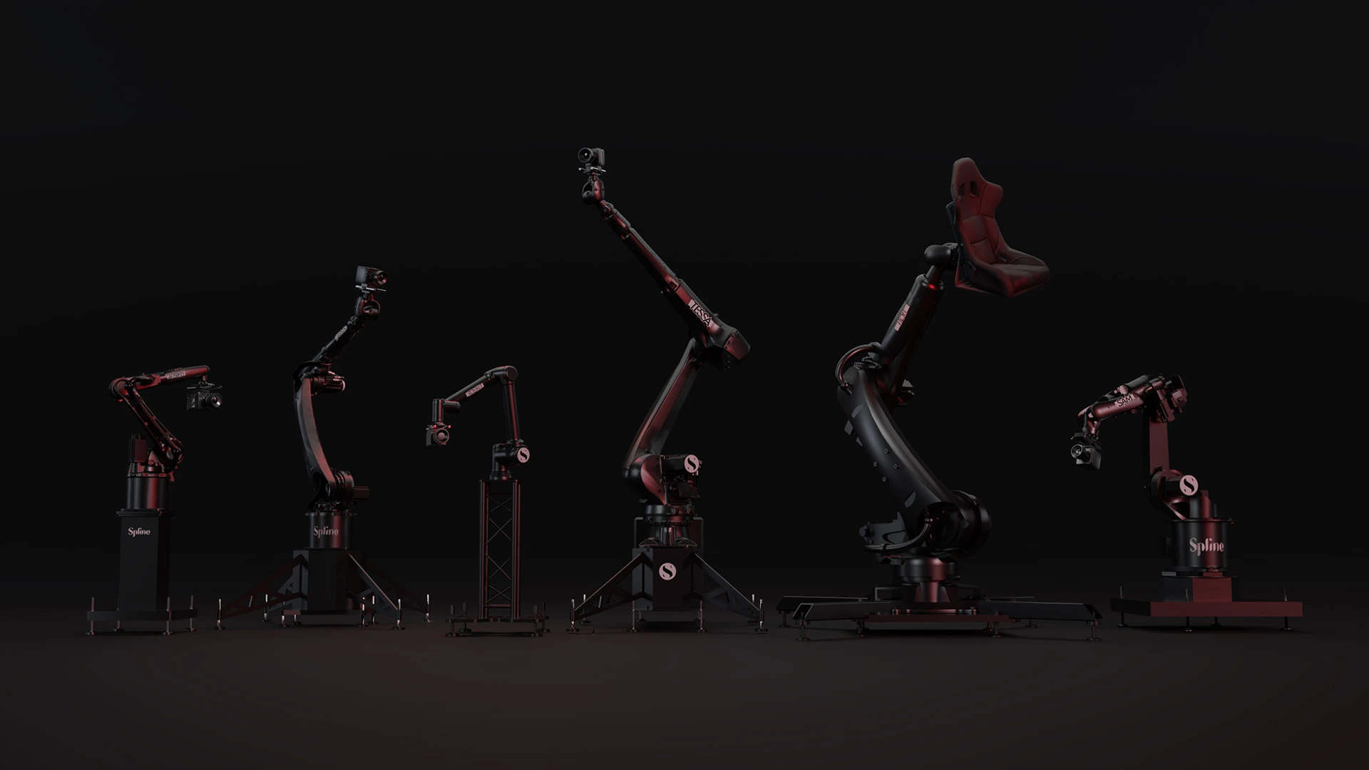 TESSA motion control robotic arm holding a cinema camera in a dark filming studio