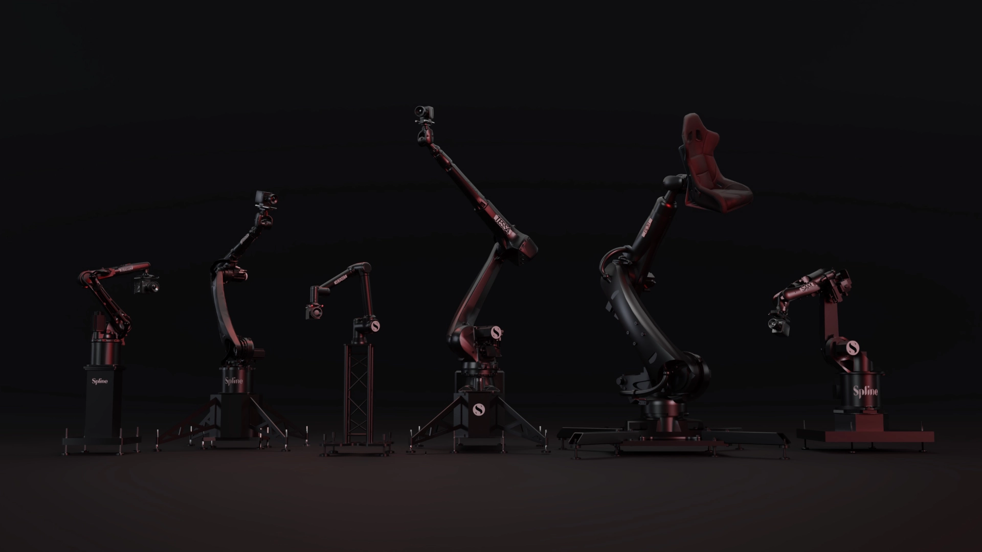 TESSA motion control robotic arm holding a cinema camera in a dark filming studio
