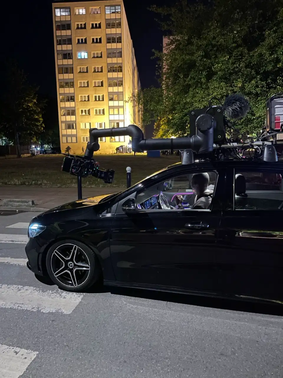 Camera car rigged with a Spline motion control head for a night shoot in a housing estate