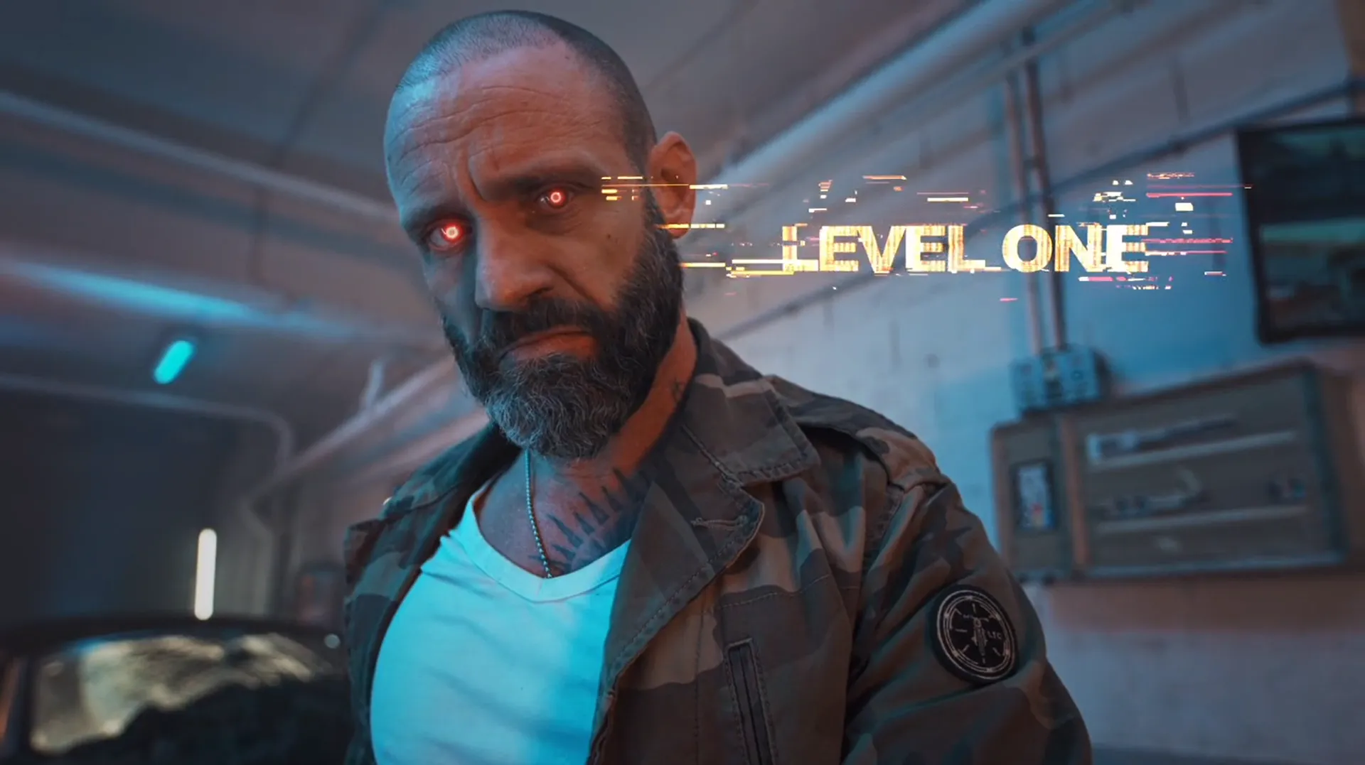 Bearded character with glowing red eyes and a sci-fi HUD overlay, still from Level One