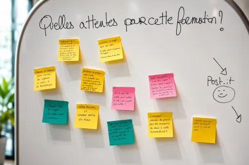 Je-lie, Tableau blanc avec post-it lors d'une formation