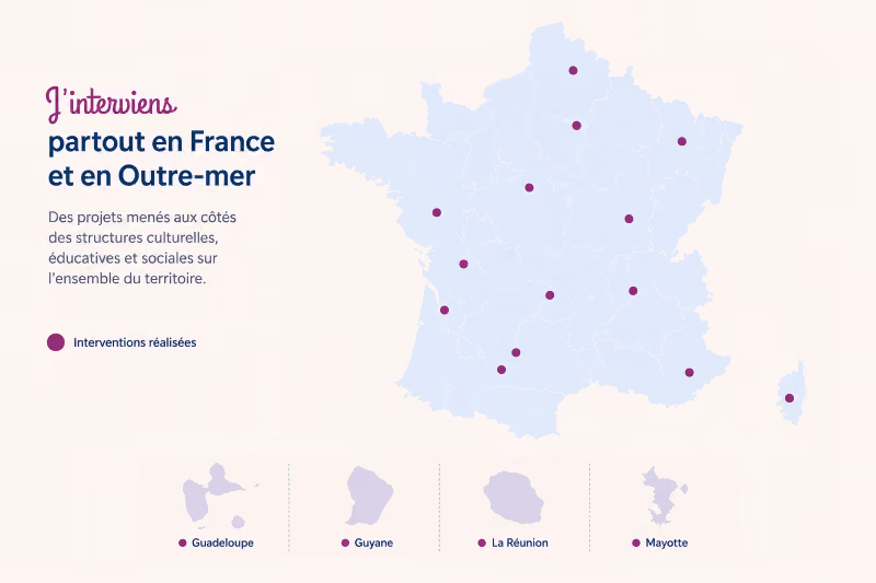 Je-lie, Carte des zones géographiques où est intervenu Aveline Jarry