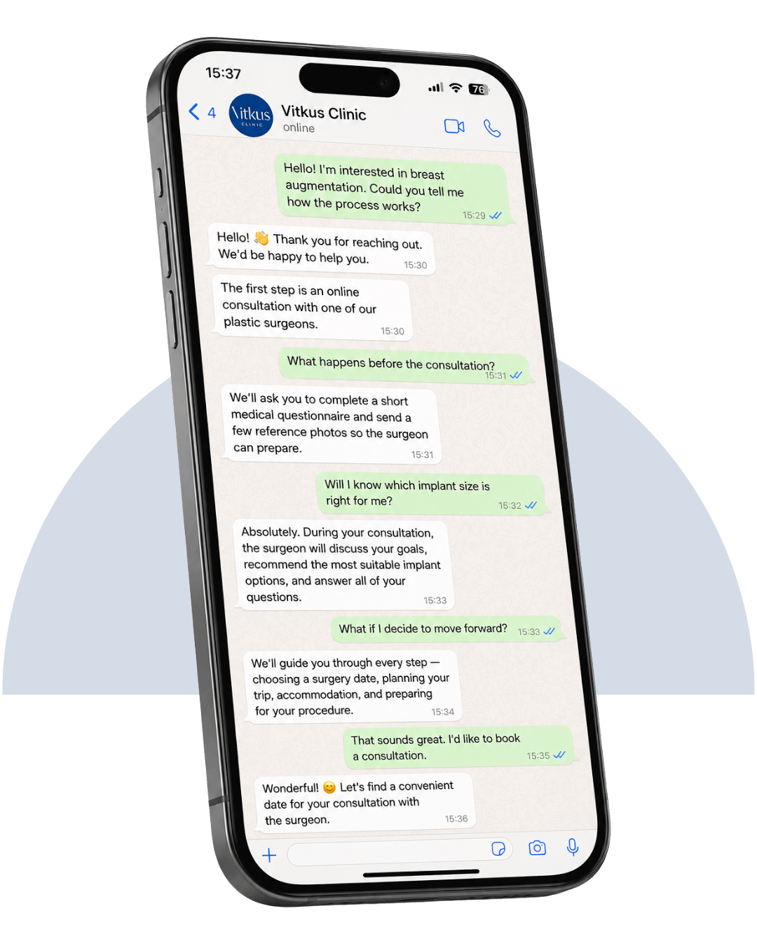 Smartphone showing a WhatsApp conversation with Vitkus Clinic