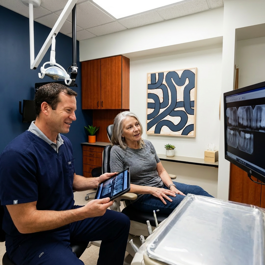 A dentist shows digital X-rays to a patient during an exam at Advanced Dental & Implant Center in Monument, CO.
