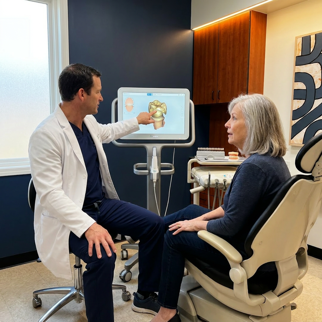 A Monument dentist shows a patient a 3D dental crown scan at Advanced Dental & Implant Center.