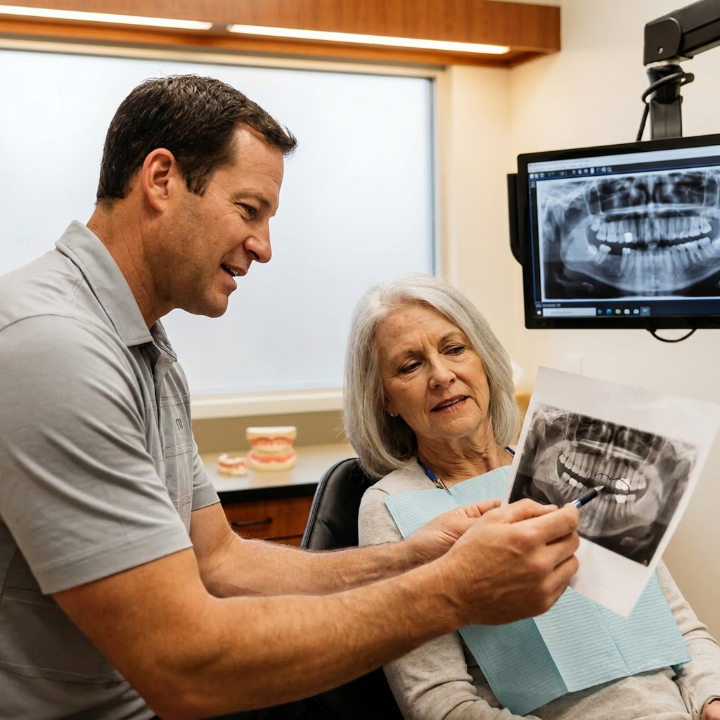 A Monument, CO dentist uses an X-ray to explain a dental bridge plan to an attentive patient at Advanced Dental.