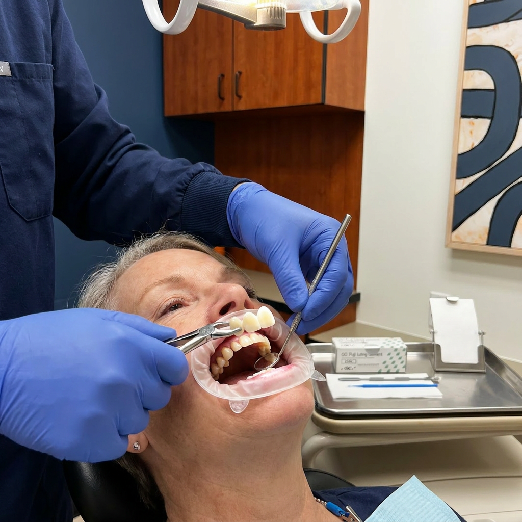 A dentist places a porcelain bridge at Advanced Dental & Implant Center in Monument, CO.
