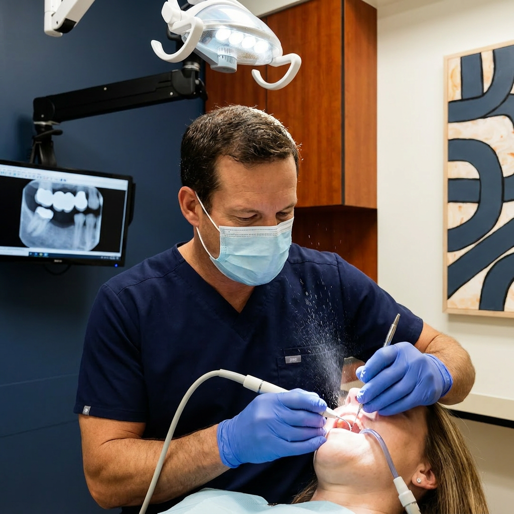 A dentist at Advanced Dental & Implant Center in Monument uses an ultrasonic scaler to prepare a patient for a dental bridge.