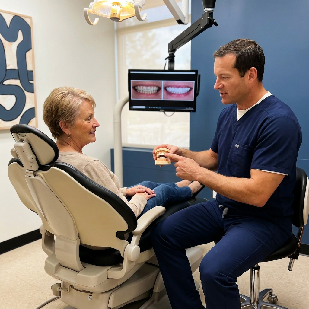 A Monument dentist explains porcelain veneers to a patient using a dental model at Advanced Dental & Implant Center.