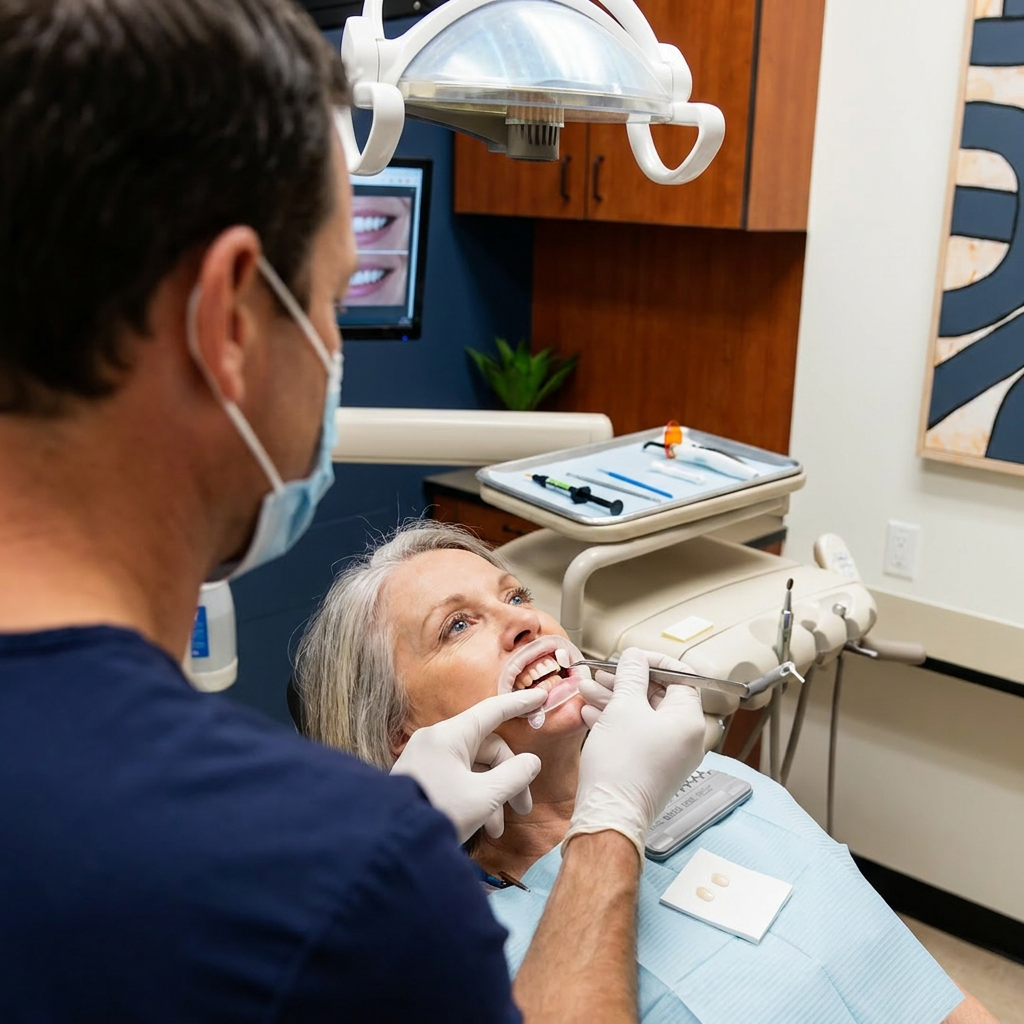 A Monument, CO dentist at Advanced Dental & Implant Center places a thin porcelain veneer on a patient's tooth.