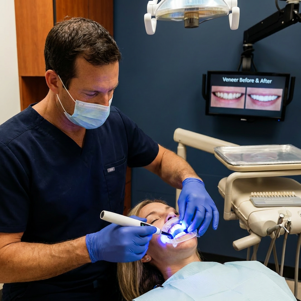 A Monument dentist uses a blue LED light to bond veneers at Advanced Dental & Implant Center.