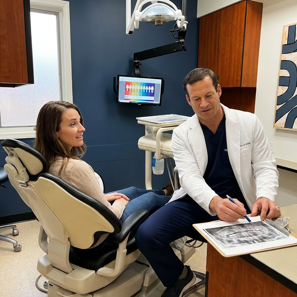 A dentist reviews a dental X-ray with a patient during a whitening consultation at Advanced Dental in Monument, CO.