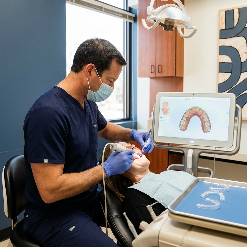 A dentist uses an intraoral 3D scanner for clear aligners at Advanced Dental & Implant Center in Monument, CO.