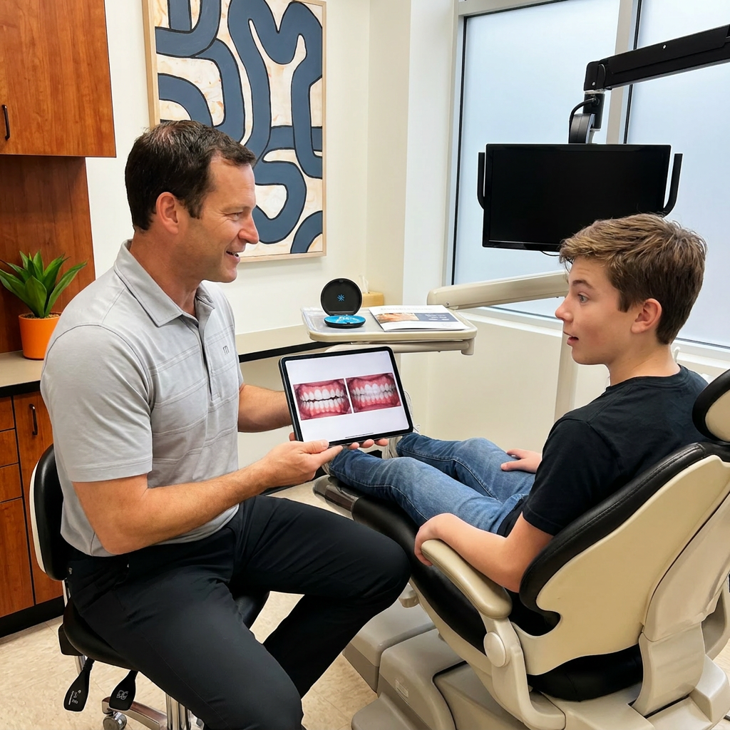 A Monument dentist shows a teen clear aligner results on a tablet at Advanced Dental & Implant Center.