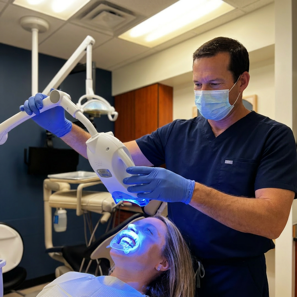 A dentist uses a blue LED lamp for teeth whitening at Advanced Dental & Implant Center in Monument, CO.
