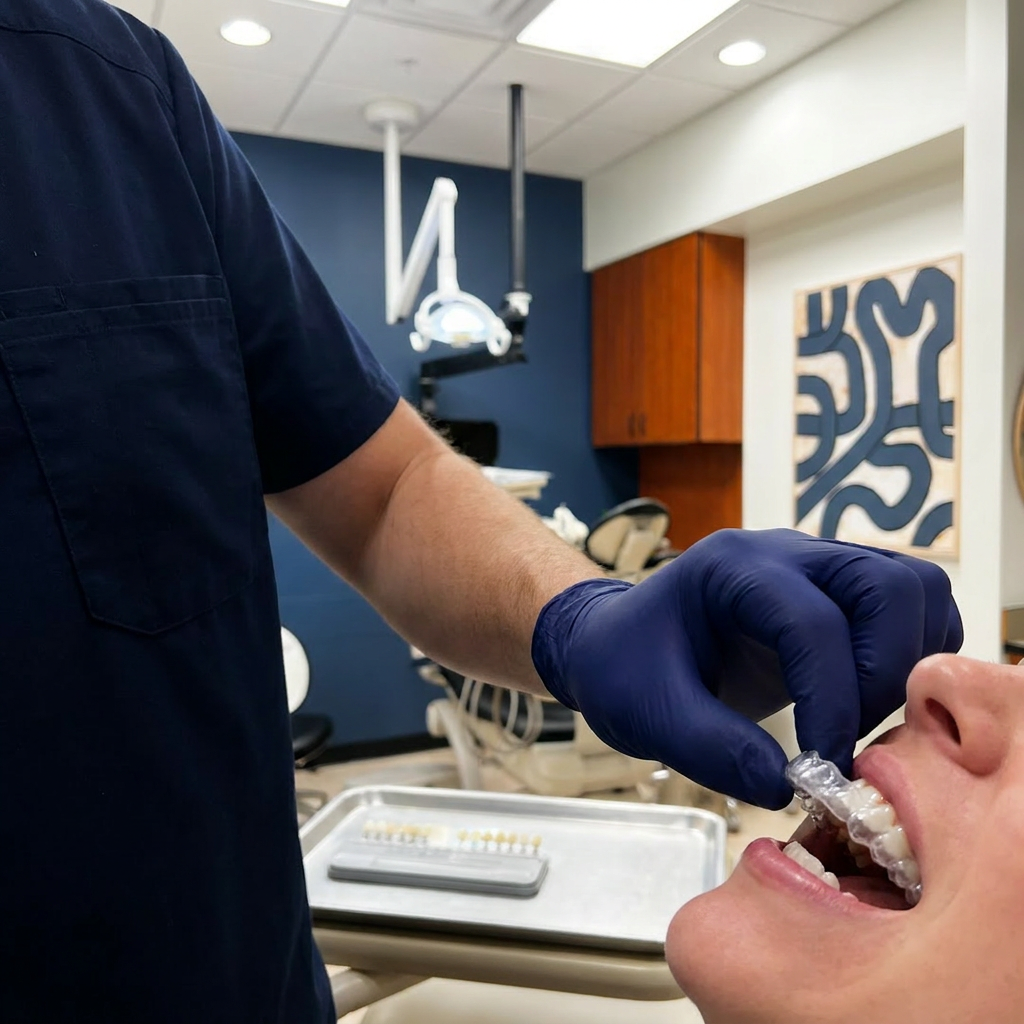 A gloved hand places a gel-filled whitening tray at Advanced Dental & Implant Center in Monument, CO.