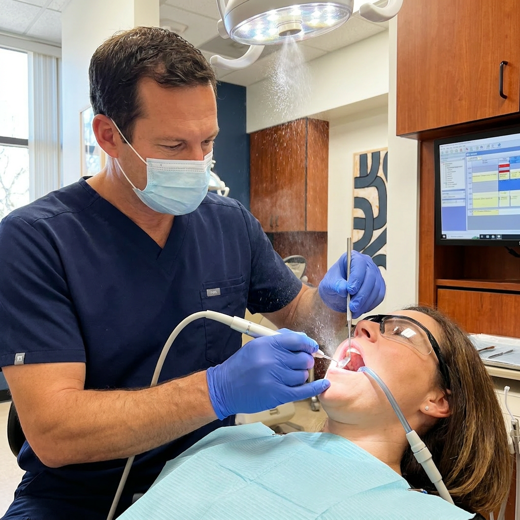 A Monument, CO dentist uses an ultrasonic scaler during a dental cleaning at Advanced Dental & Implant Center.