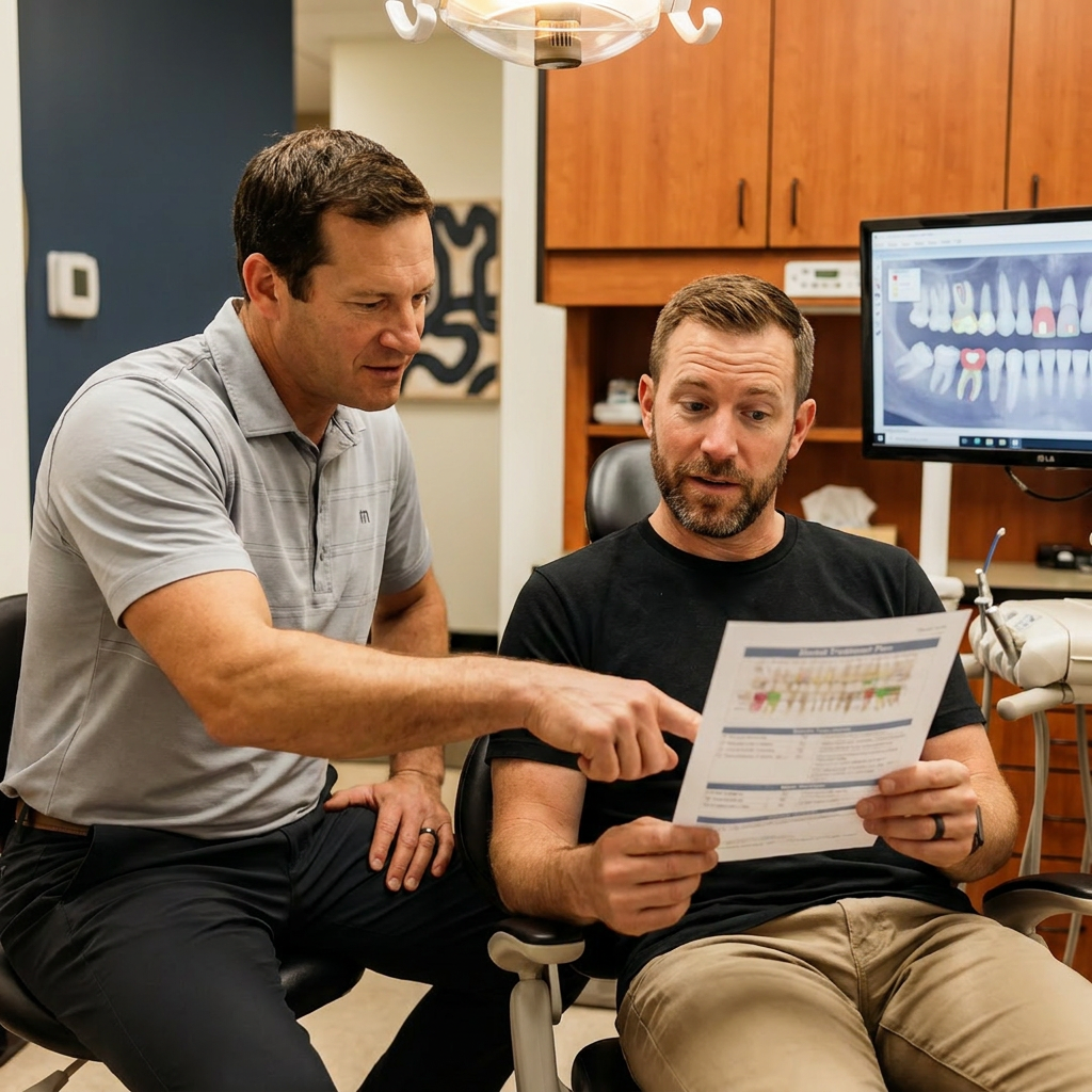 A dentist explains a cleaning plan to a patient at Advanced Dental & Implant Center in Monument, CO.