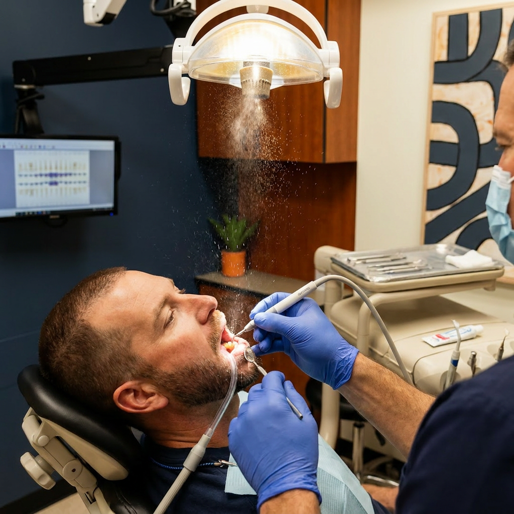 A dentist performs a dental cleaning with an ultrasonic scaler at Advanced Dental & Implant Center in Monument, CO.