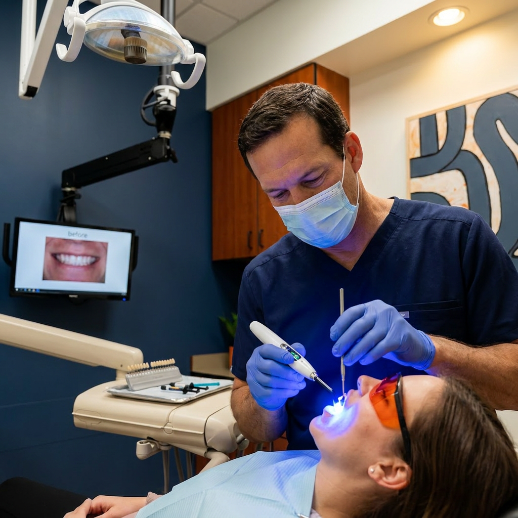 A dentist uses a blue LED light for dental bonding at Advanced Dental & Implant Center in Monument, CO.