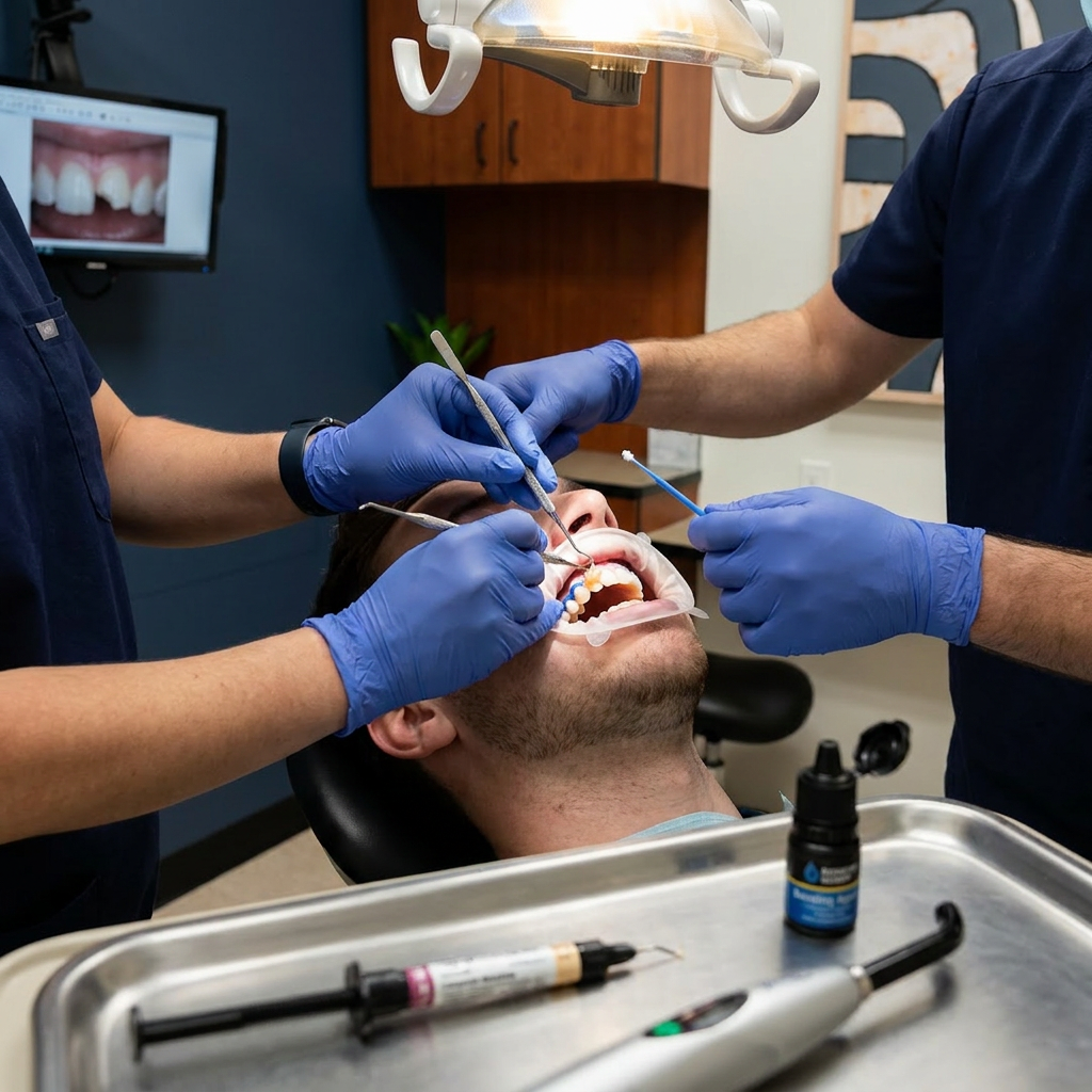 A dentist applies composite resin for dental bonding at Advanced Dental & Implant Center in Monument.