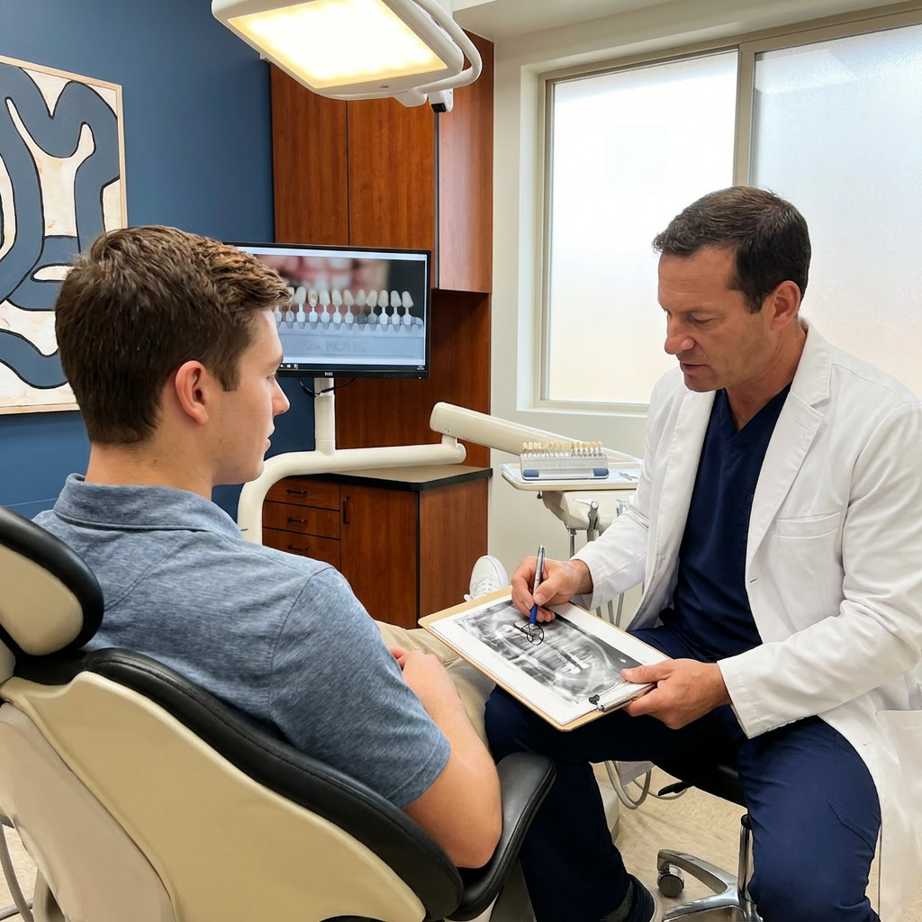 A Monument dentist at Advanced Dental & Implant Center uses an X-ray to explain dental bonding to a patient.