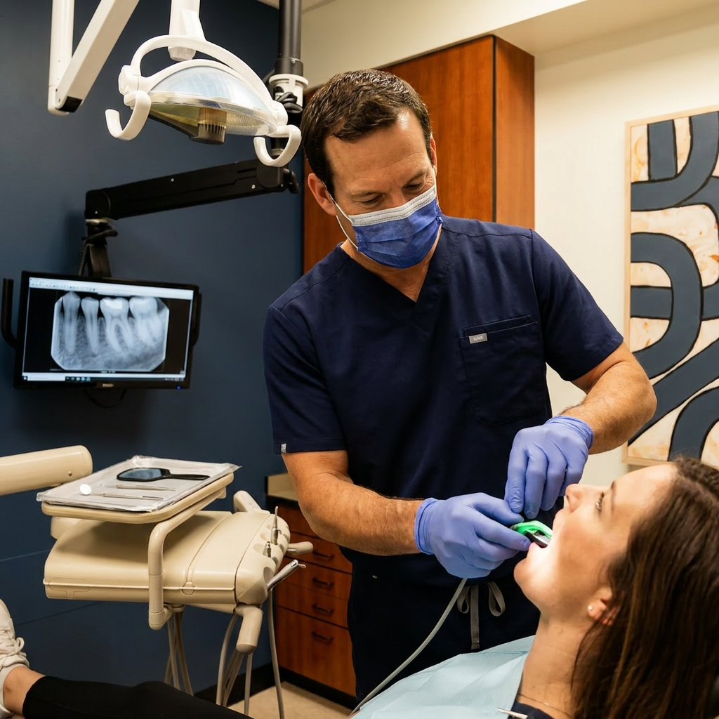 A Monument dentist at Advanced Dental & Implant Center places a digital X-ray sensor to check for gum disease.
