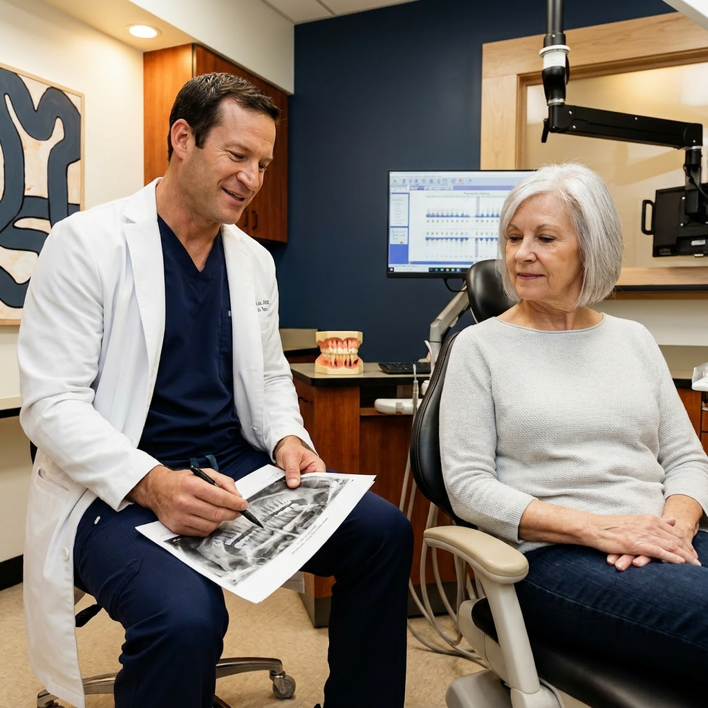 A dentist in Monument, CO explains gum disease to a patient while pointing to a panoramic x-ray.