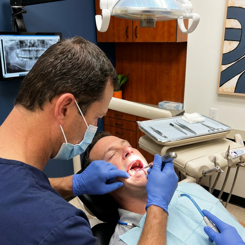A Monument, CO oral surgeon uses a straight elevator to luxate a tooth at Advanced Dental & Implant Center.