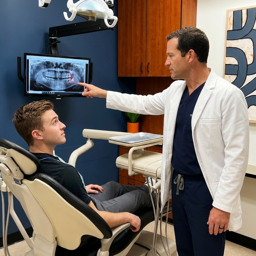 A dentist uses an X-ray to explain a tooth extraction to a patient at Advanced Dental & Implant Center in Monument.
