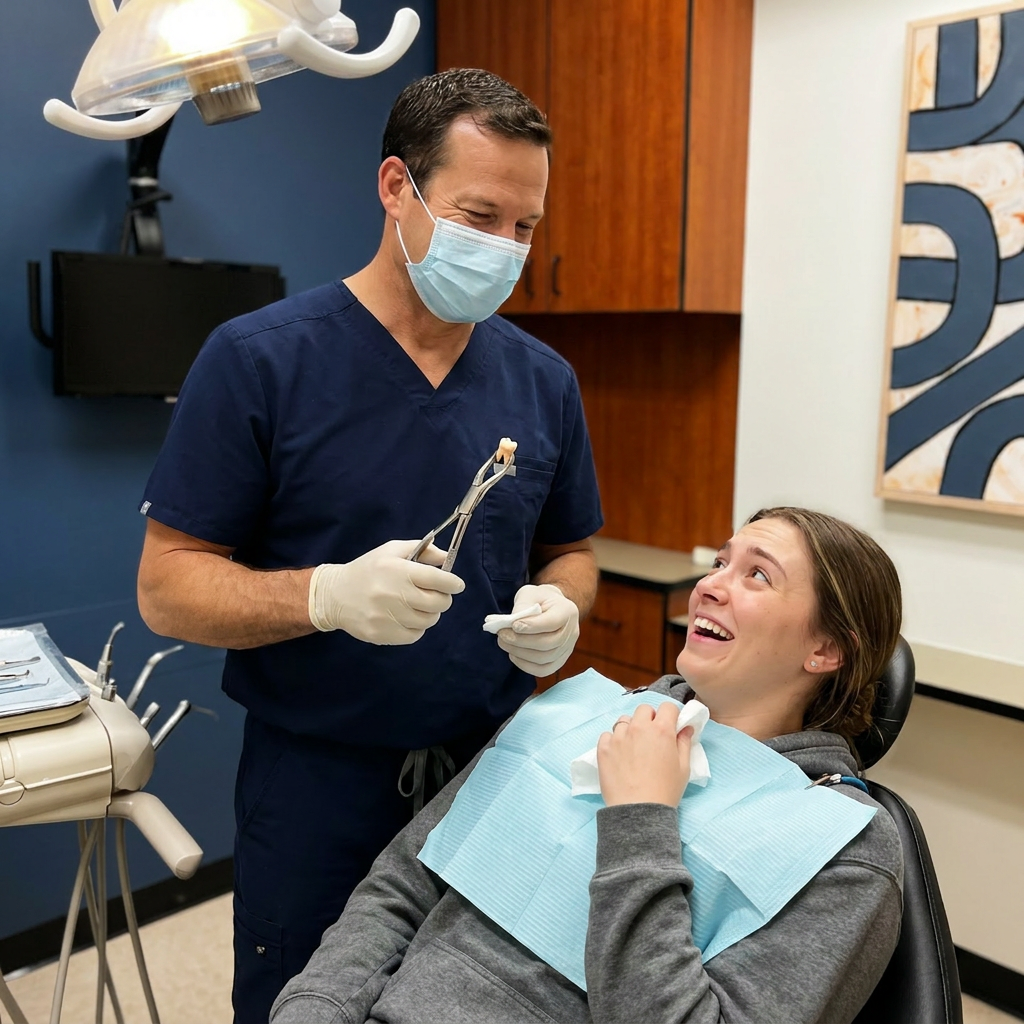 A Monument dentist shows a patient their extracted tooth for a moment of relief at Advanced Dental & Implant Center.