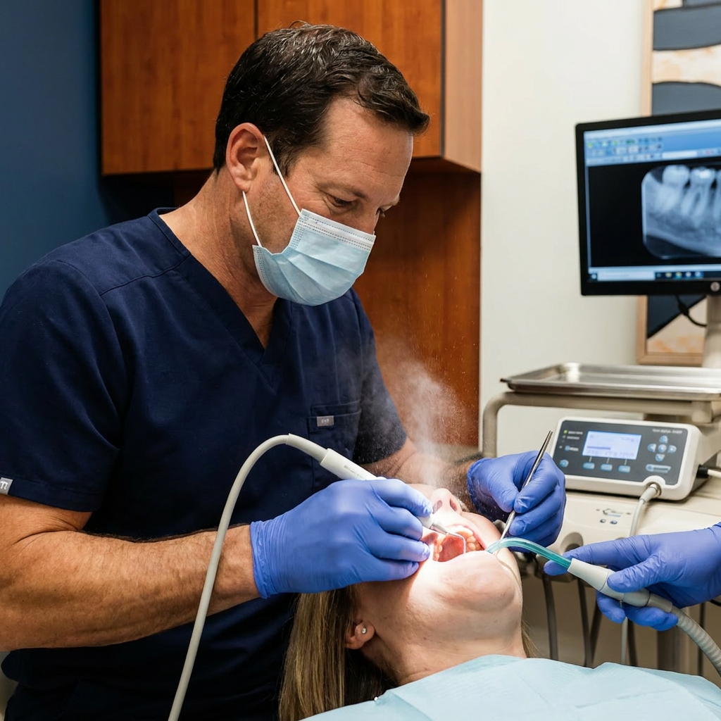 A dentist uses a piezoelectric handpiece for a precise tooth extraction at Advanced Dental & Implant Center in Monument.