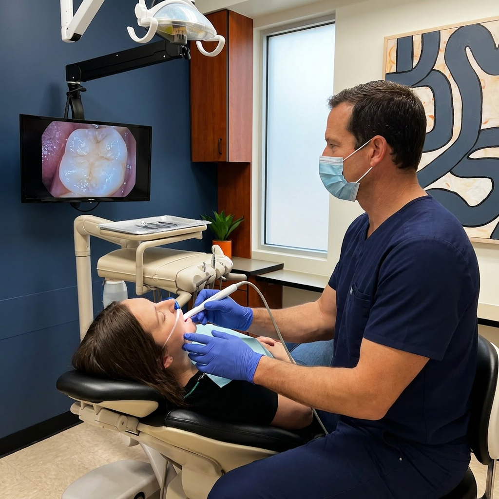 A Monument dentist uses an intraoral camera on a sedated patient at Advanced Dental & Implant Center.